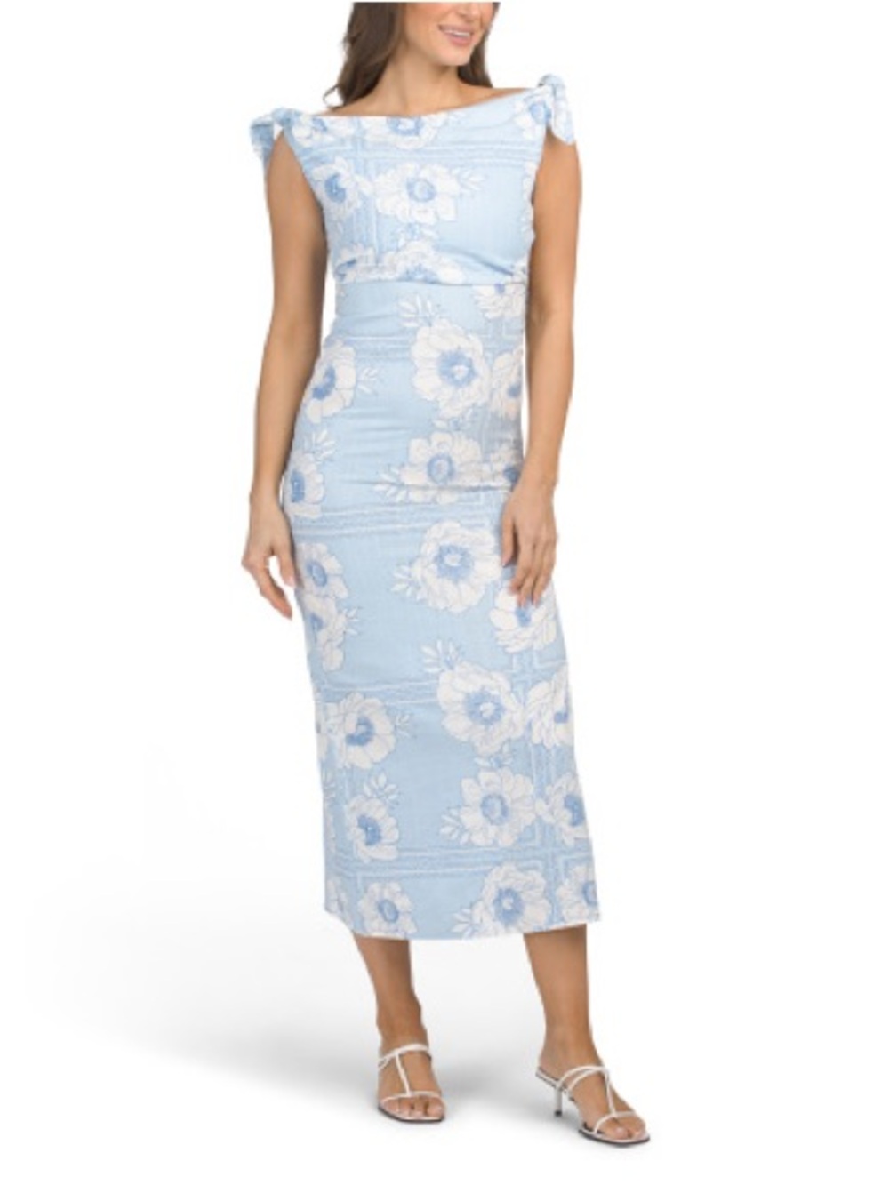 White Closet Elements Floral Linen Blend Maxi Dress in a light blue and white
